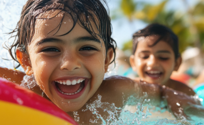 Kids in the pool shouting and smiling 